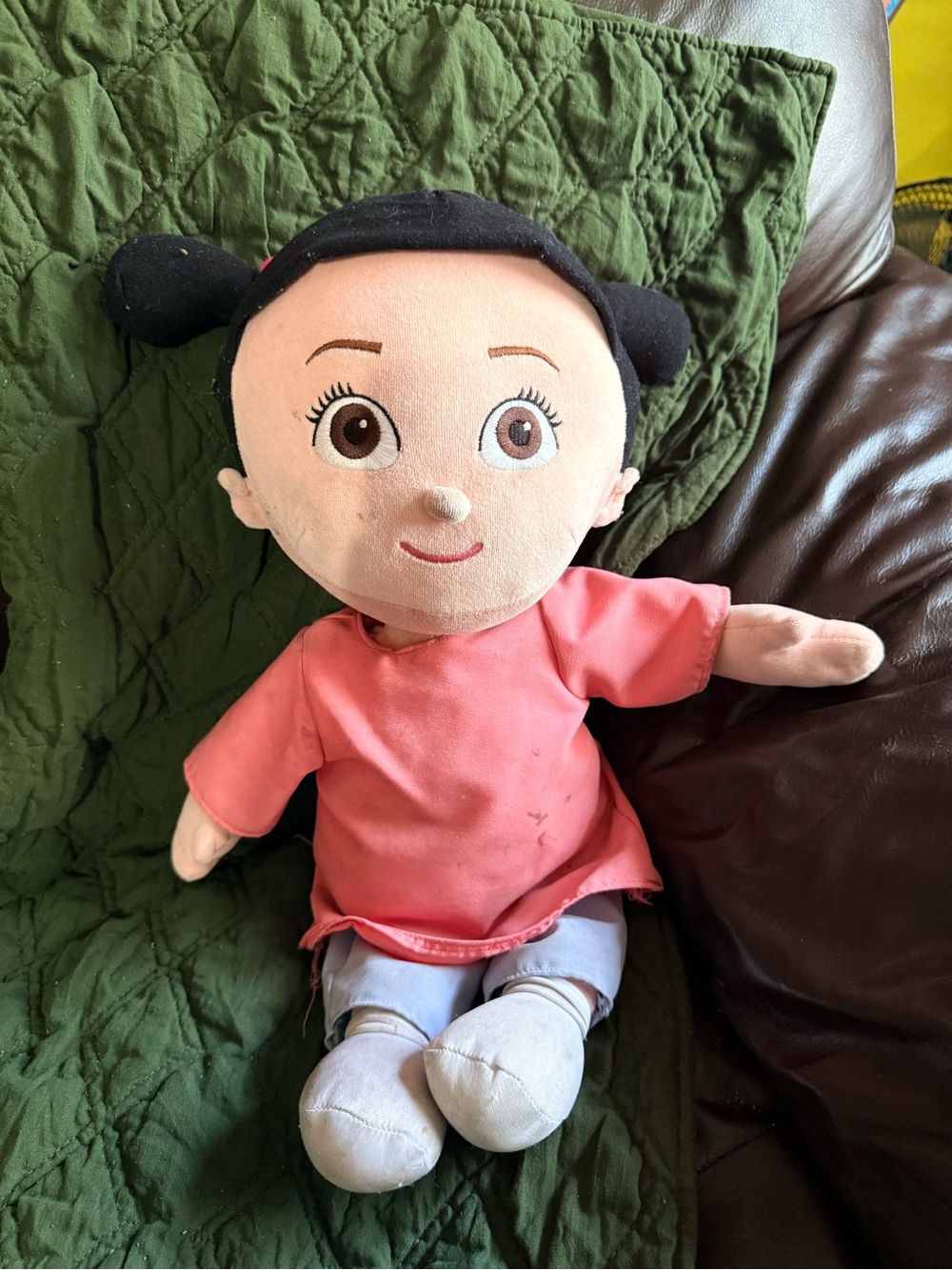 Plush Kids Doll in Pink Dress with Black Hair